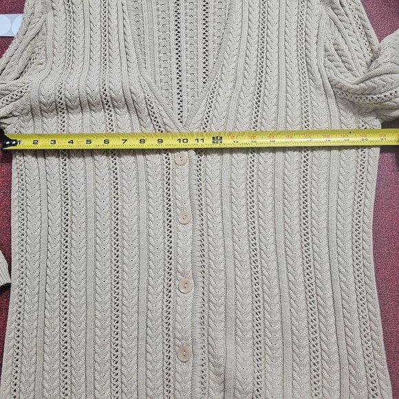 VTG 90s Talbots Beige Cable Knit Cardigan XL Cotton Fisherman Coastal Capsule - Picture 7 of 8